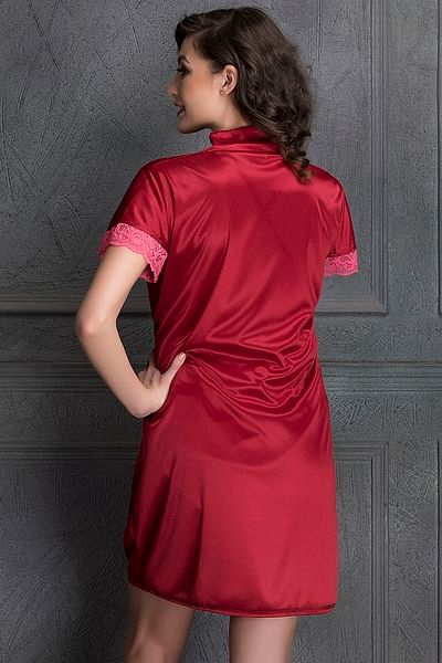 Short Night Dress & robe nighty set in Maroon | maroon short night dress | silk night suit for ladies