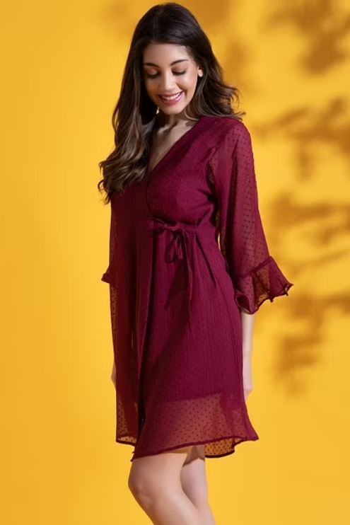 Sheer Babydoll & Robe Set with Matching G-string in Maroon |satin nighty robe set | 
maroon nighty gown set | full net nighty dress