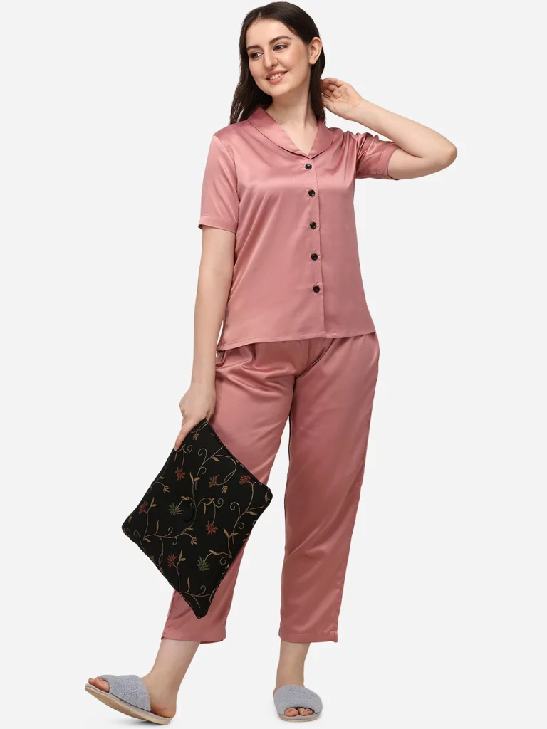 Rose Gold & Black Silk Women Night Suit | silk night suit for ladies in pakistan | trouser shirt nighty | black silk nighty