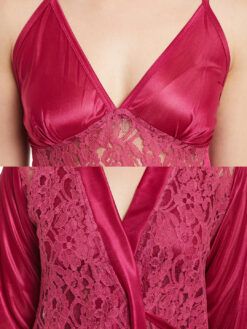 Claura Burgundy Lace Satin Nightdress with Lace Robe - Image 6