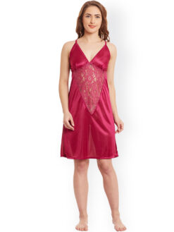 Claura Burgundy Lace Satin Nightdress with Lace Robe - Image 4