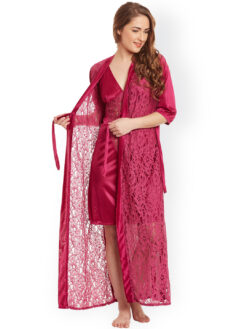 Claura Burgundy Lace Satin Nightdress with Lace Robe