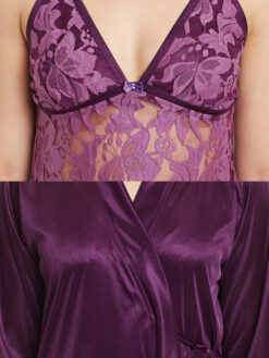 Claura Purple Lace Satin Nightdress with Robe - Image 6