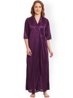 Claura Purple Lace Satin Nightdress with Robe - Image 3