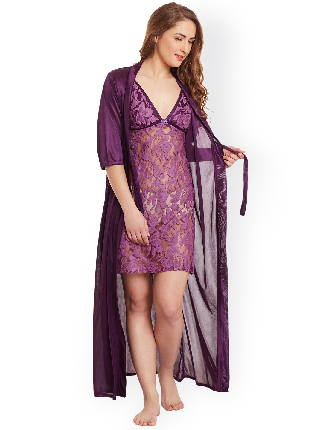 Claura Purple Lace Satin Nightdress with Robe - Night Dress