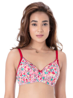 PrettySecrets White & Pink Printed Non-Wired Lightly Padded T-shirt Bra