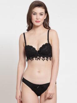 Laceandme Women Black Lace Lingerie Set