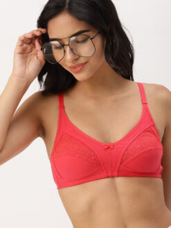 Coral Pink Bra Without Foam, Non Padded Bra, coral pink bra, soft bra, breathable bra, lace bra, everyday bra, comfortable bra, non-wired bra, lightweight bra, women’s lingerie, pink bra, casual bra