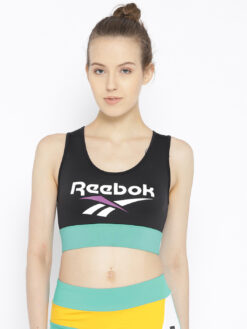Alternative view of Reebok Classic Black & Green Printed Lightly Padded Sports Bra