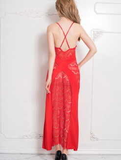 Red Lace Long Silk Net Dress - Image 3