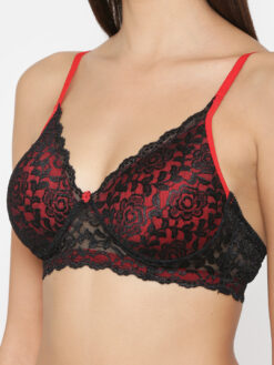 ABELINO Black & Red Lace Non-Wired Lightly Padded Push-Up Bra - Image 3