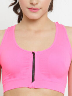 Quttos Pink Solid Non-Wired Lightly Padded Sports Bra | Zipper Bra - Image 3