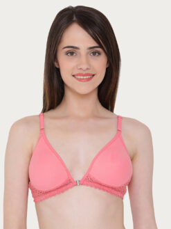 Pink Soft Bra, Non Padded Bra, non-padded bra, non-wired bra, pink bra, front hook bra, plunge neckline bra, lace bra, soft bra, breathable bra, daily comfort bra, everyday bra, light support bra, comfortable lingerie, front closure bra, lingerie set