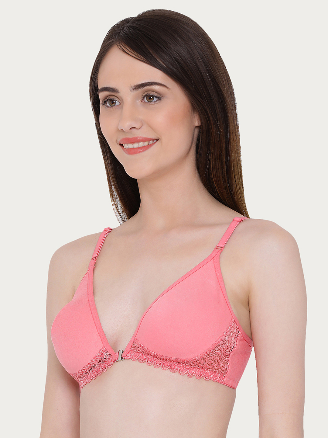 Clovia Pink Solid Non-Wired Non Padded Plunge Bra - Night Dress