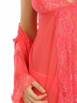 Coral Pink Floral Lace Charming Babydoll with Robe - Image 6