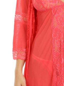 Coral Pink Floral Lace Charming Babydoll with Robe - Image 5