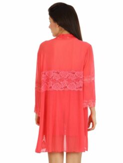 Coral Pink Floral Lace Charming Babydoll with Robe - Image 3