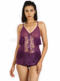 Alternative view of Purple Babydoll with Flare Sleeved Robe