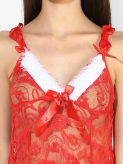 Red Lace with Fur Attached Sexy Babydoll - Image 3