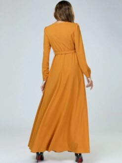 Flowers embroidery Robe Turkish Fashion Abaya Dark Yellow - Image 5