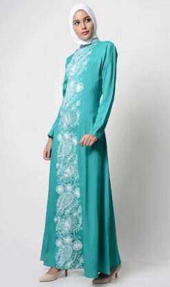 Alternative view of White-Color Thread Embroidered Abaya-Teal