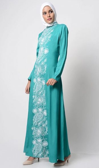 Alternative view of White-Color Thread Embroidered Abaya-Teal