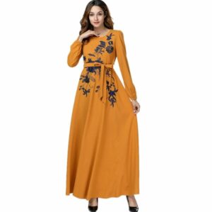 Alternative view of Flowers embroidery Robe Turkish Fashion Abaya Dark Yellow