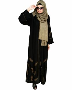 Feather Embroidered Dubai Style Black Abaya - Image 3