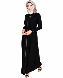 Metallic Sheen Front Zipper Black Abaya - Image 3