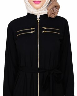 Metallic Sheen Front Zipper Black Abaya - Image 6