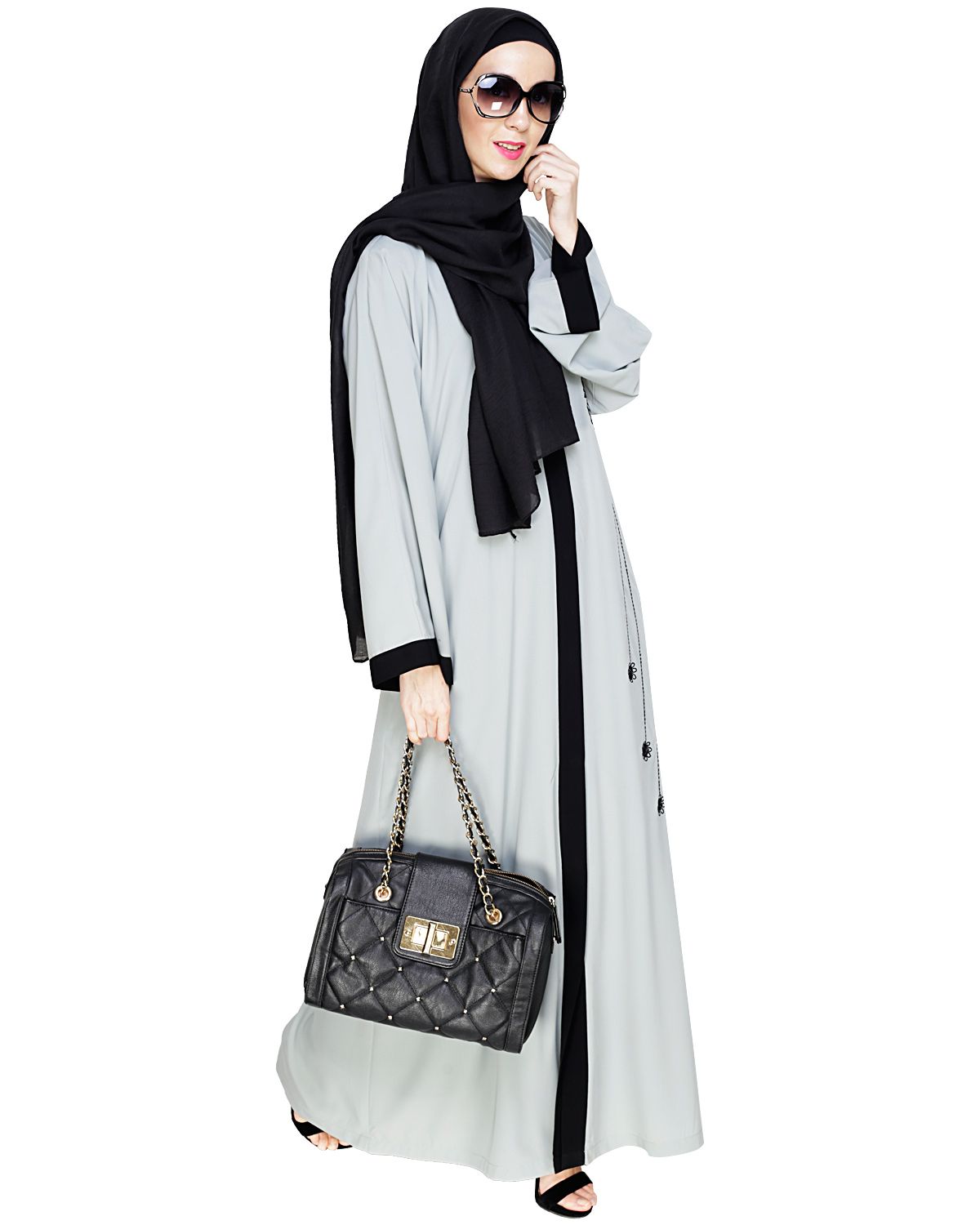 Contrast Embroidered Sage Green Dubai Style Abaya - Night Dress