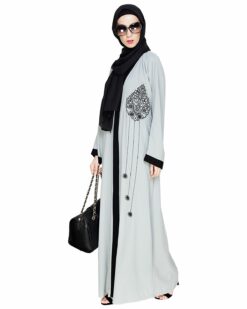 Contrast Embroidered Sage Green Dubai Style Abaya - Image 3