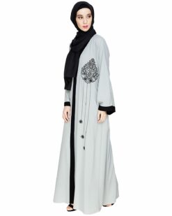 Contrast Embroidered Sage Green Dubai Style Abaya - Image 5