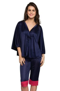 2 Pcs Satin Nightwear Set in Navy- Kaftan Top & Pyjama - Image 3