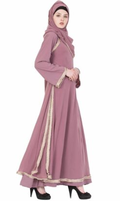 Designer Abaya With Pearl Lace - Puce Pink - Image 5