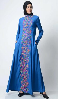 Multi-Color Thread Embroidered Abaya-Zara Blue - Image 4