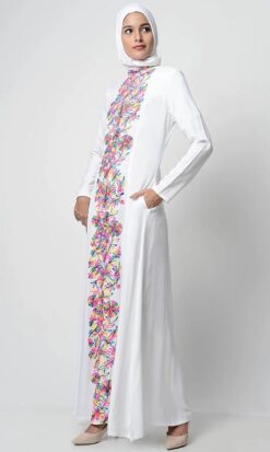 Alternative view of Multi Color Thread Embroidered Abaya White