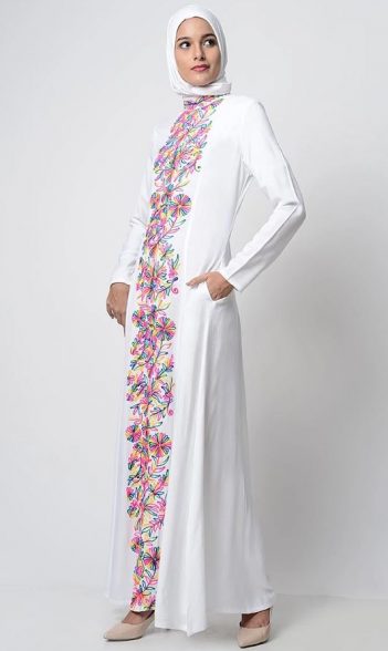 Alternative view of Multi Color Thread Embroidered Abaya White