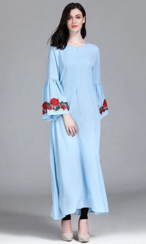 Floral applique work flared sleeves abaya dress | stylish simple abaya designs | embroidered abaya | elastic sleeves abaya