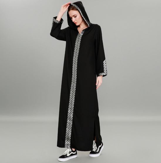 Fashion Women Dress Black Patchwork Hooded Abaya - Night Dress
