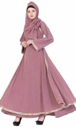 Designer Abaya With Pearl Lace - Puce Pink - Image 3