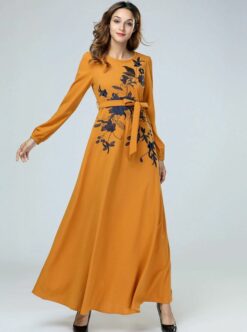Flowers embroidery Robe Turkish Fashion Abaya Dark Yellow - Image 4