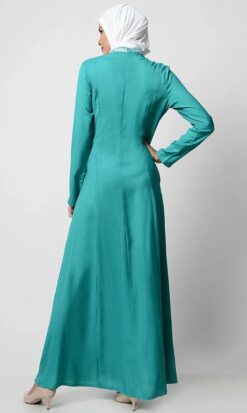 White-Color Thread Embroidered Abaya-Teal - Image 3