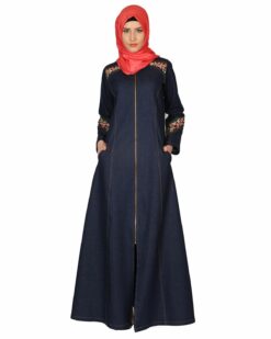 Alternative view of Denim Coat Abaya with pretty hand Embroidery