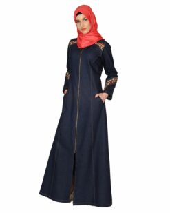 Denim Coat Abaya with pretty hand Embroidery - Image 3
