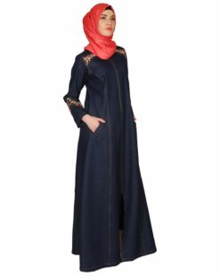 Denim Coat Abaya with pretty hand Embroidery - Image 4
