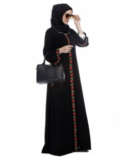 Black Abaya With Multi Coloured Thread Embroidery - Image 3