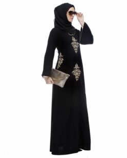 Black With Gold Zari Embroidery Abaya - Image 4