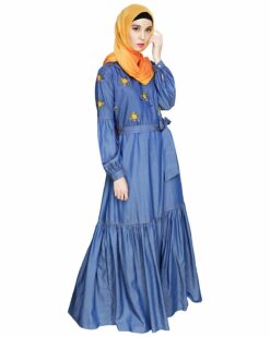 Dreamy Floral Embroiderd Denim Abaya - Image 3
