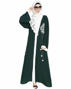 Contrast Embroidered Green Dubai Style Abaya - Image 4